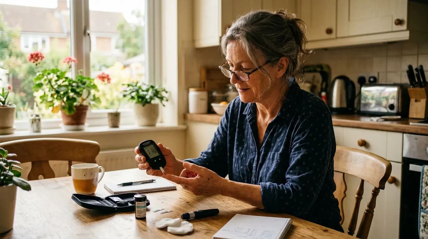 Femme mesurant sa glycémie avec un glucomètre à la table de cuisine.
