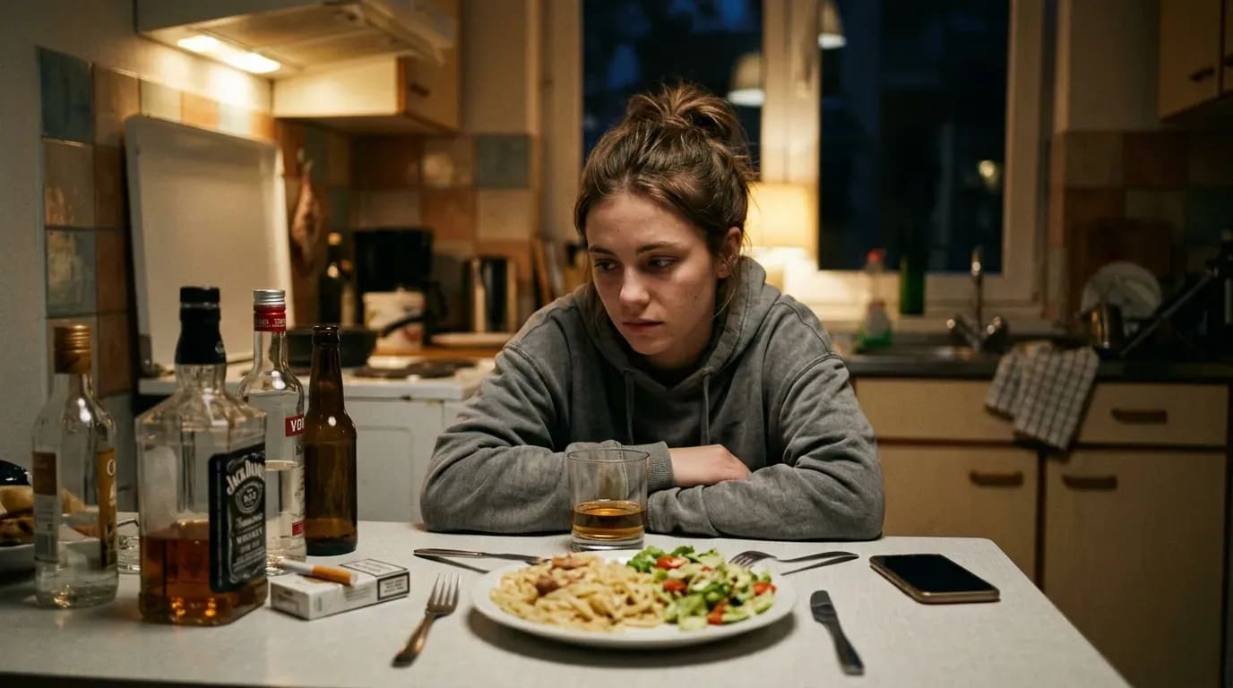 Jeune femme seule à table, bouteilles d’alcool et plat de nourriture intact.