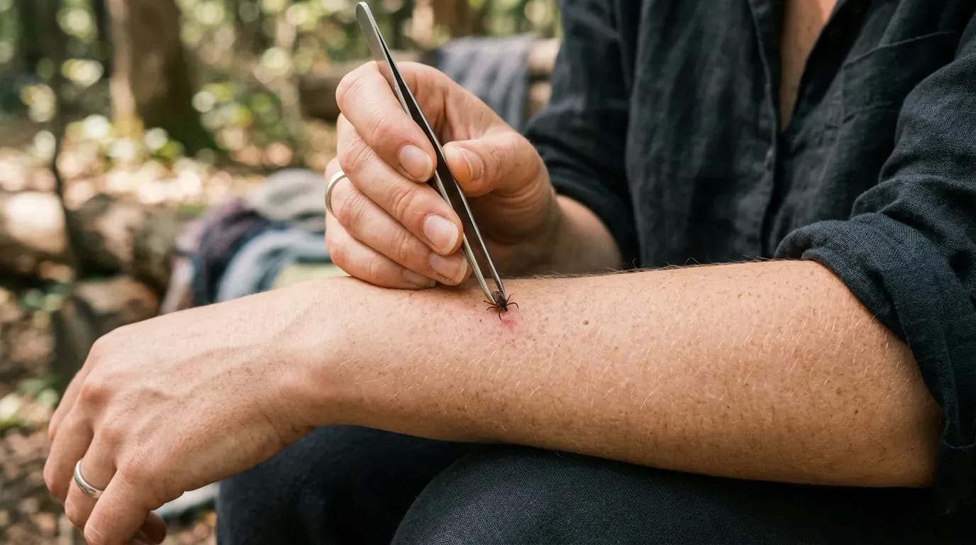 Gros plan d’une personne retirant une tique de la peau avec une pince.