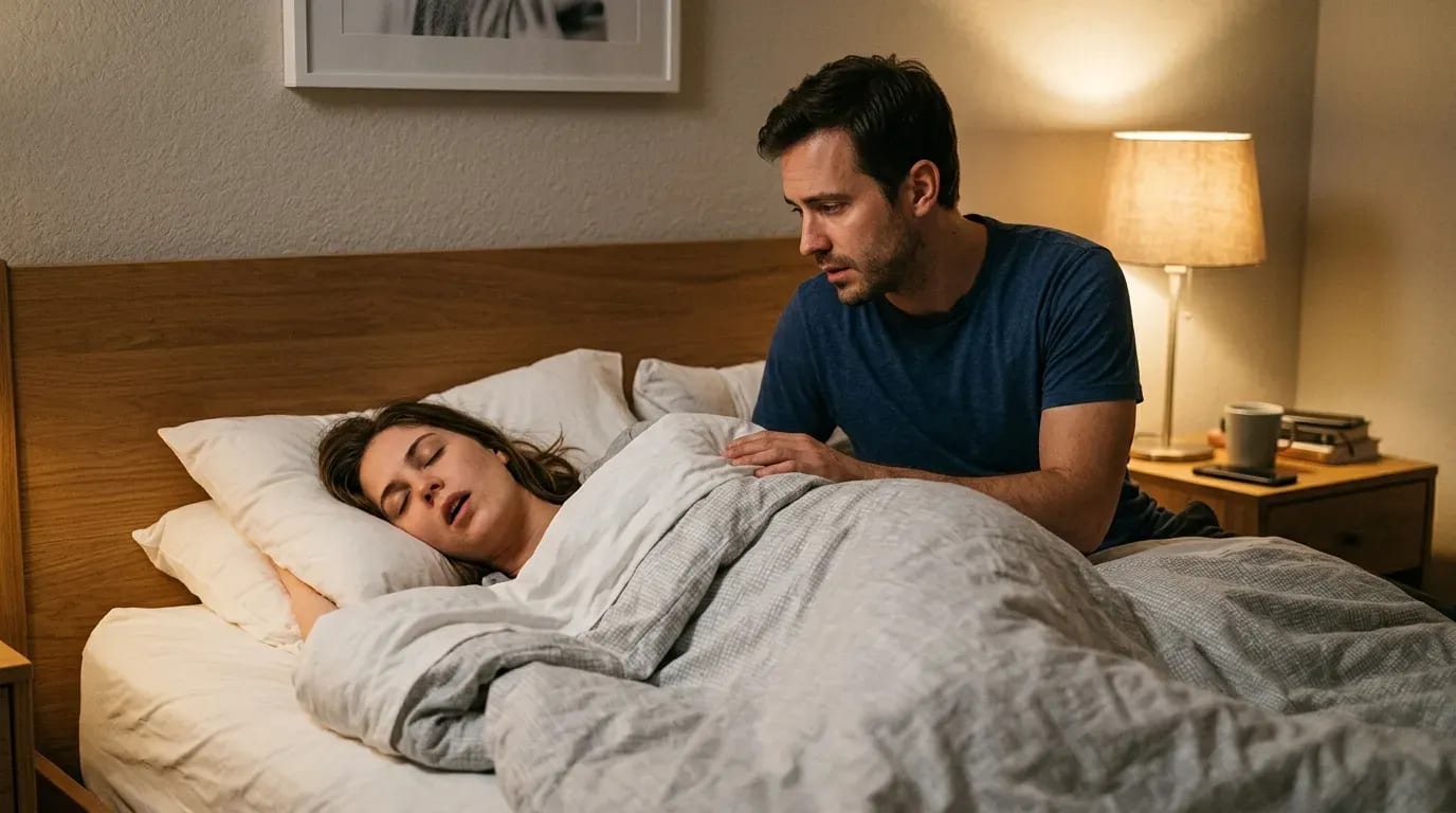 Personne fatiguée dormant bouche ouverte dans un lit, partenaire inquiet observant, ronflements possibles.