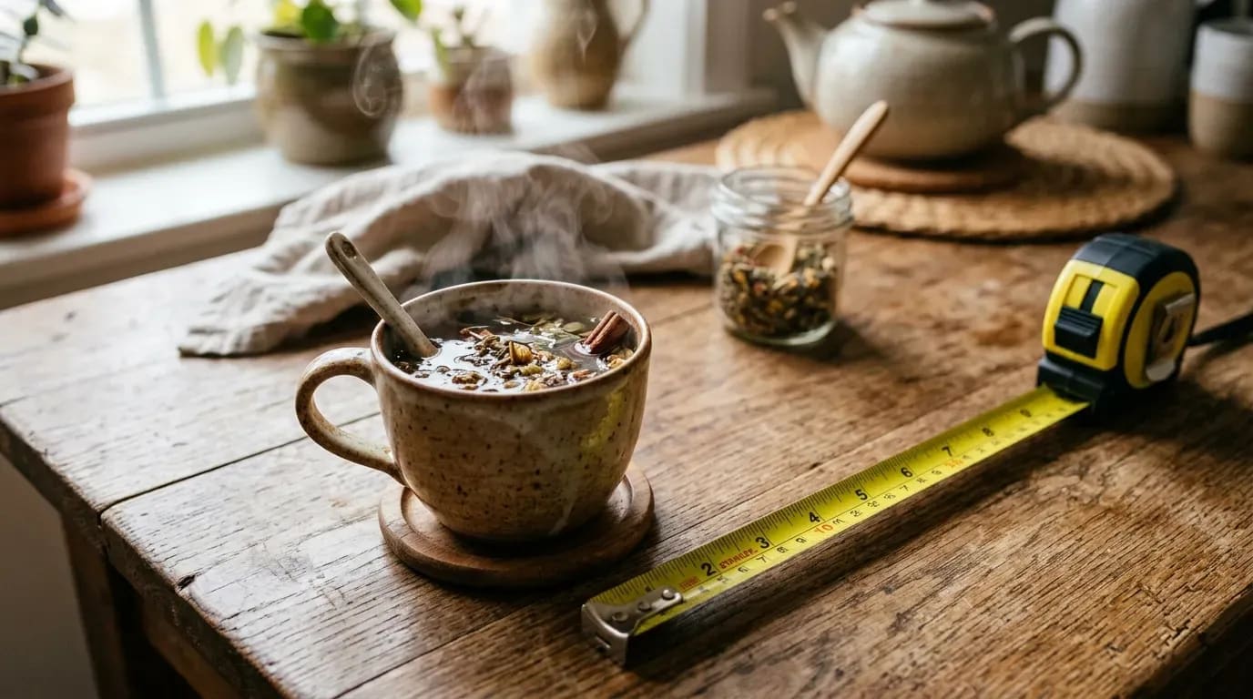 Tisane fumante près d’un mètre ruban sur une table de cuisine.