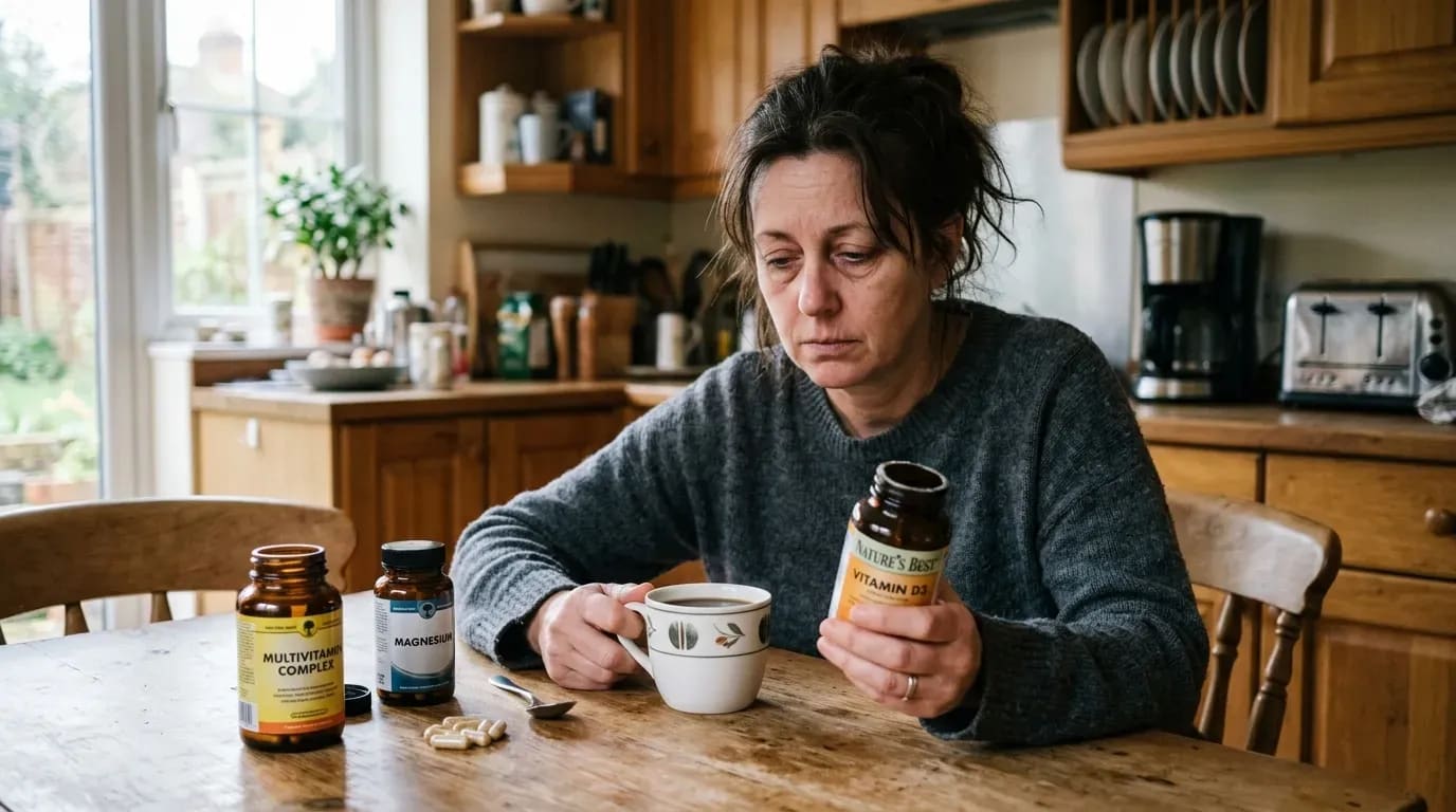 Personne fatiguée tenant des flacons de vitamines près d’un café sur table.