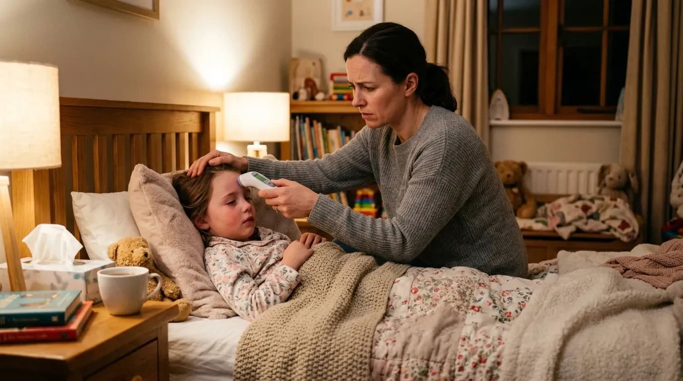 Parent inquiet prend la température d’un enfant dans une chambre chaleureuse, thermomètre en main.