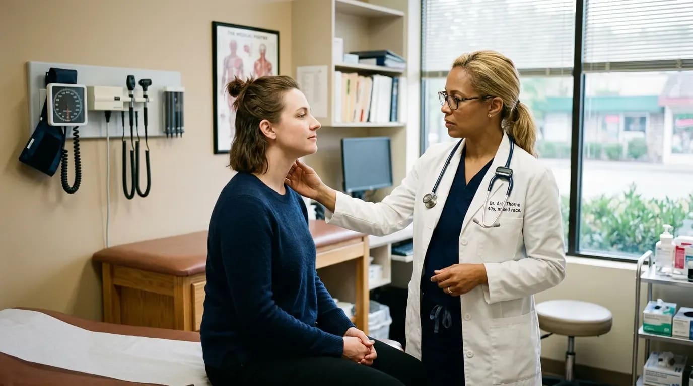 Médecin examinant le cou d’une patiente en clinique, suspicion de nodule thyroïdien.