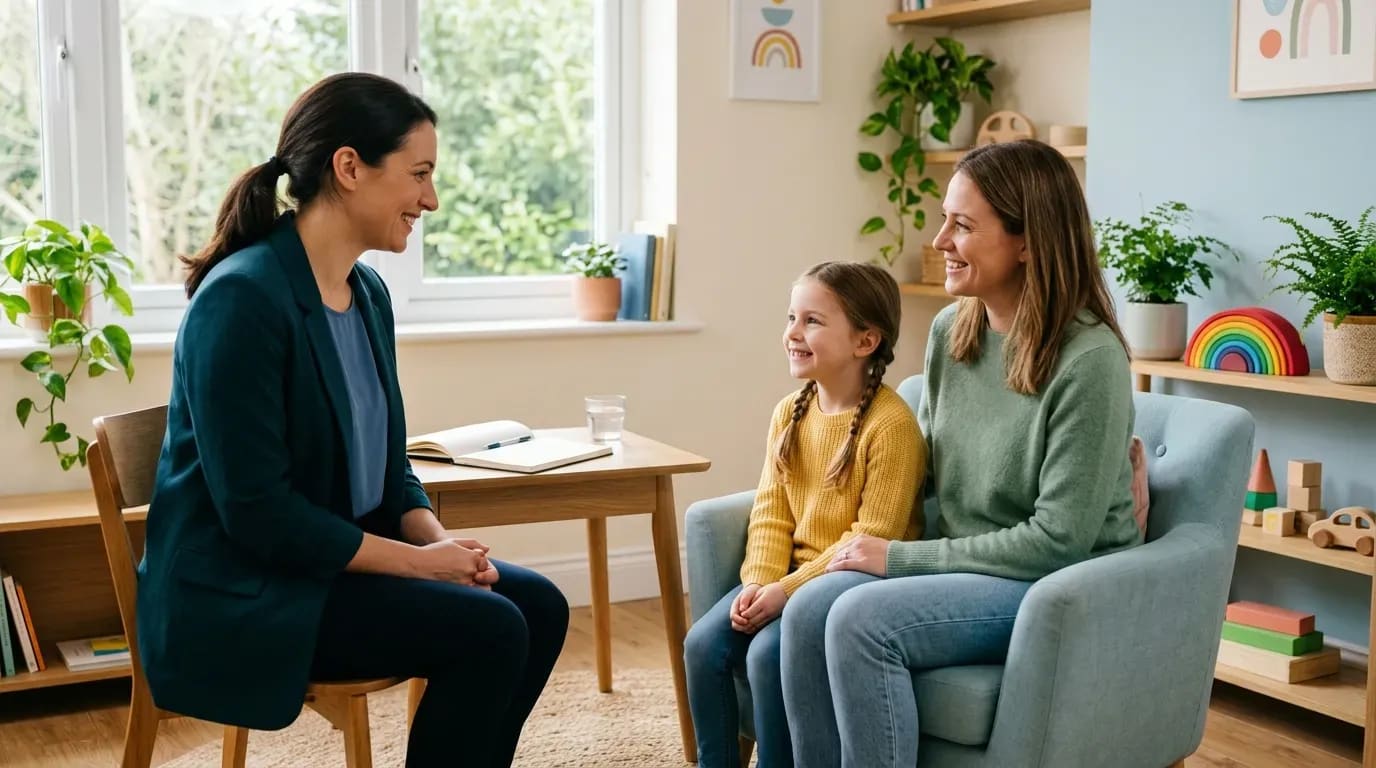 Pédiatre souriante discutant avec un enfant et son parent dans une consultation lumineuse.