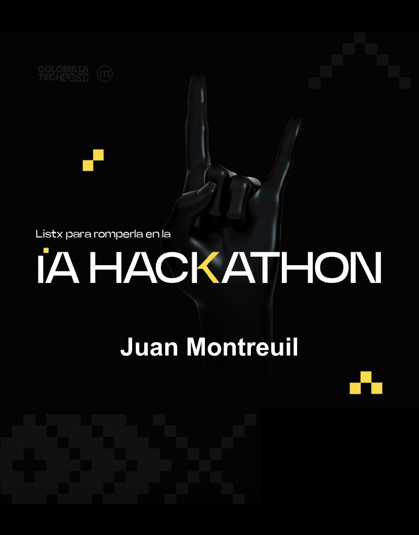 Hackathon team in Bogotá standing in front of the event screen