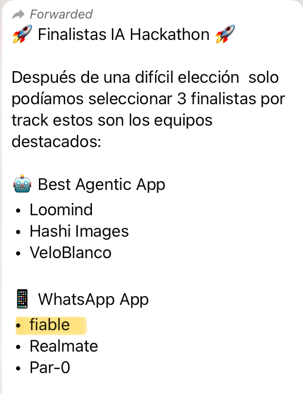 Screenshot showing FIABLE listed as a finalist in the WhatsApp App track