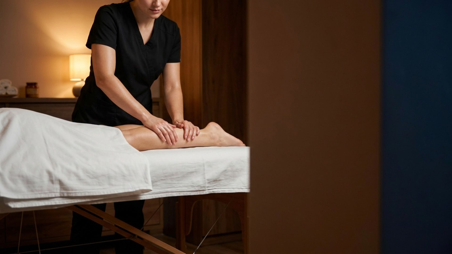 A massage therapist in black scrubs working along a client's lower leg on a white-draped table in a dimly lit treatment room