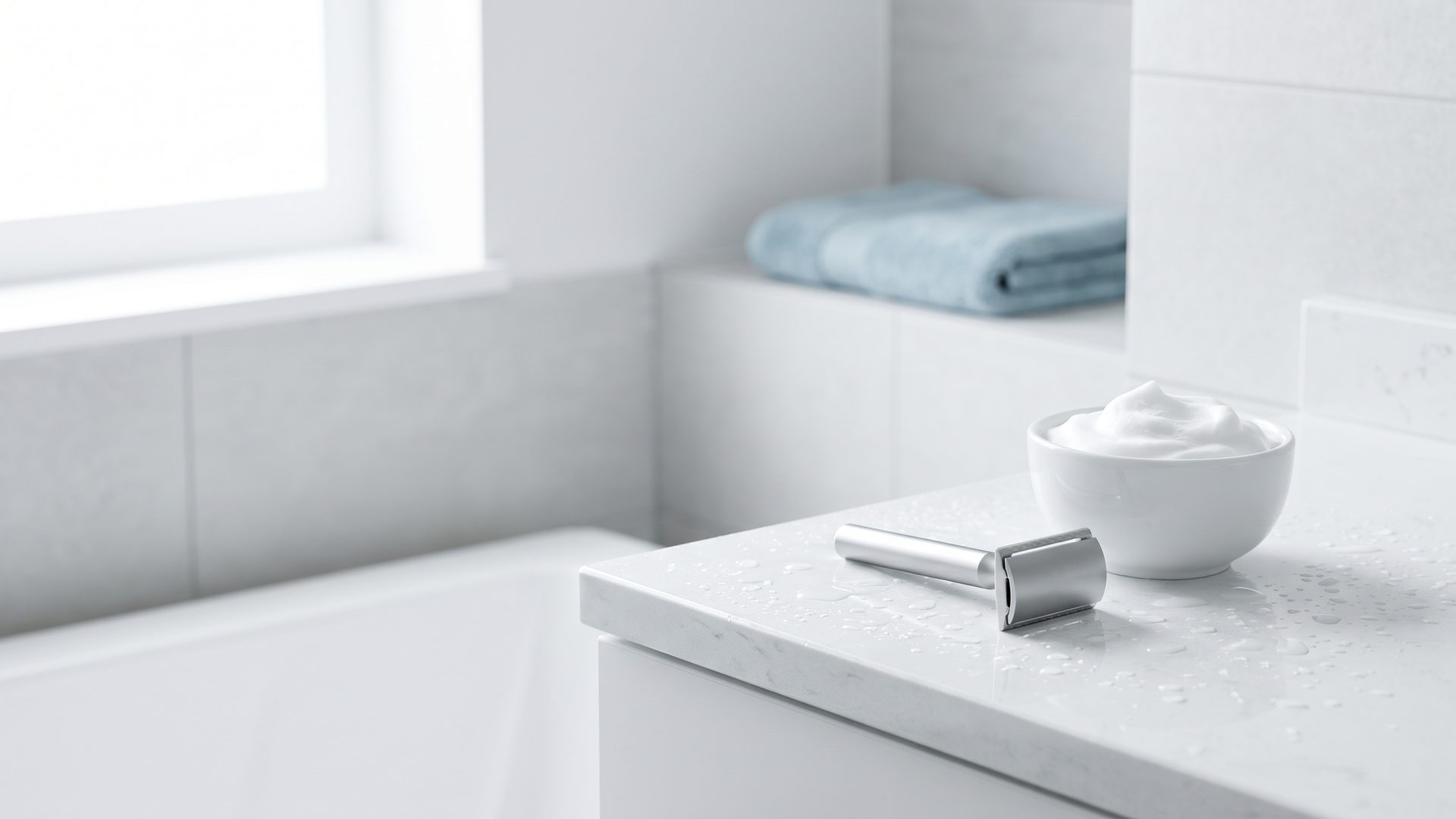 A clean safety razor and a small bowl of white shaving foam on a wet white counter, water droplets across the surface