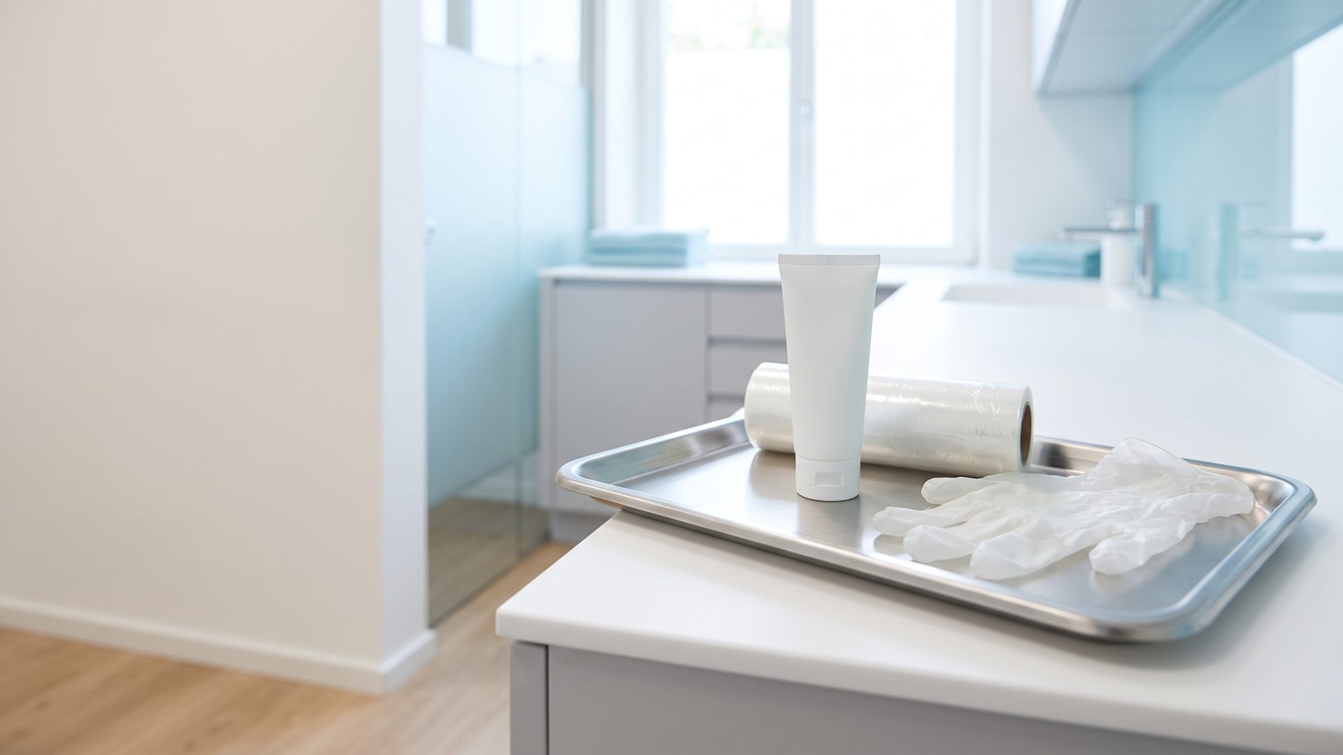 Un tube de cr&egrave;me blanc sans inscription, un rouleau de pellicule transparente et des gants jetables dispos&eacute;s sur un plateau d&rsquo;acier