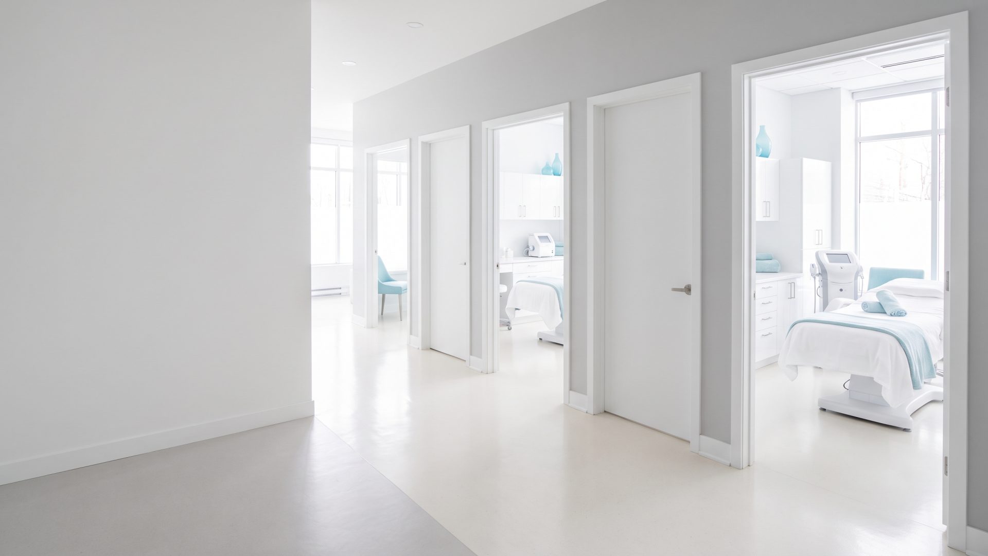 Un corridor de clinique avec plusieurs portes, deux ouvertes sur des salles de traitement pr&ecirc;tes et une ferm&eacute;e, personne dans le champ