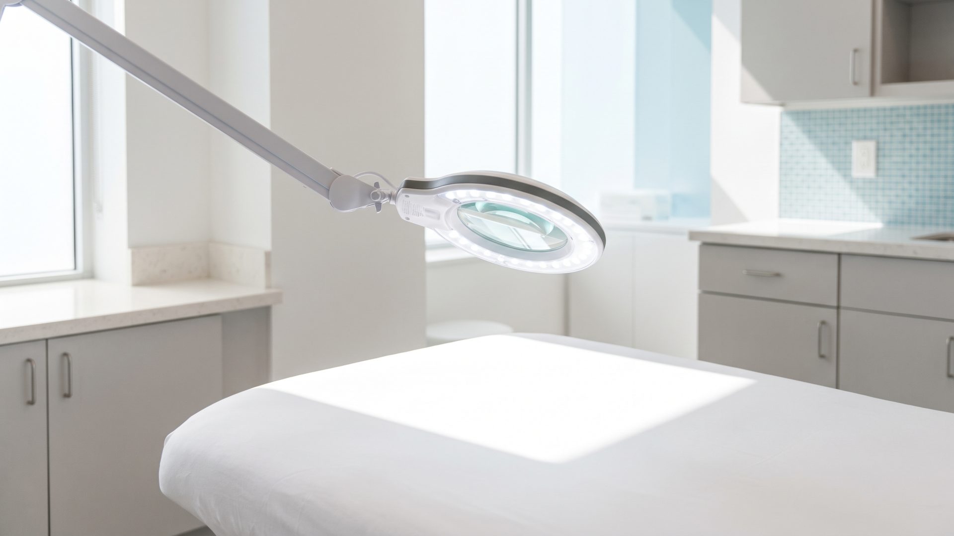Une lampe loupe allum&eacute;e inclin&eacute;e au-dessus d&rsquo;un lit de traitement, une tache de soleil d&rsquo;apr&egrave;s-midi tombant sur la surface blanche &agrave; c&ocirc;t&eacute;