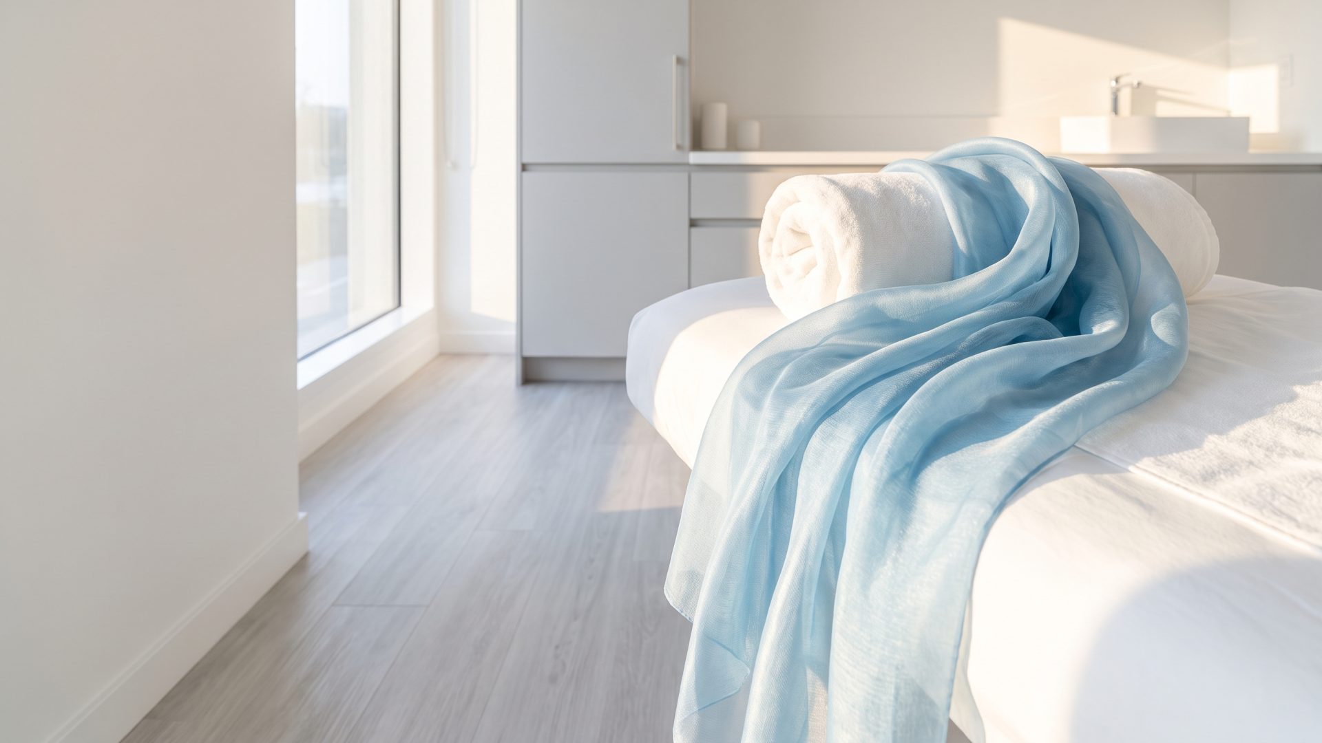 Un foulard de soie bleu p&acirc;le drap&eacute; en plis souples sur le haut d&rsquo;un lit de traitement, la lumi&egrave;re du soleil tombant sur les plis