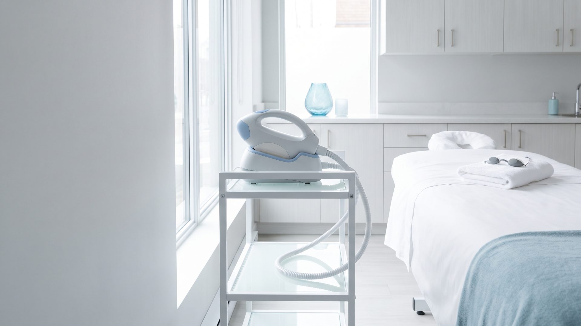 Une pièce à main d’épilation laser posée sur un chariot en verre, à côté d’un lit de traitement fait avec des serviettes pliées et des lunettes de protection