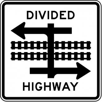Divided Highway With Light Rail Transit Crossing Sign - R15-7