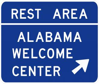 D5-10 Rest Area State Welcome Center Sign with directional arrow on blue reflective aluminum