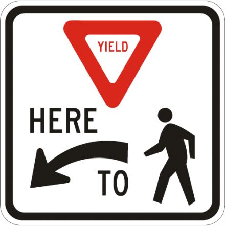 Yield to Pedestrians Here Left Sign R1-5L on reflective aluminum