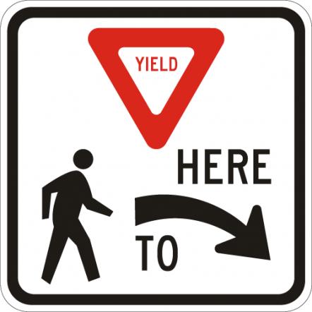Yield to Pedestrians Here Right Sign R1-5R on reflective aluminum