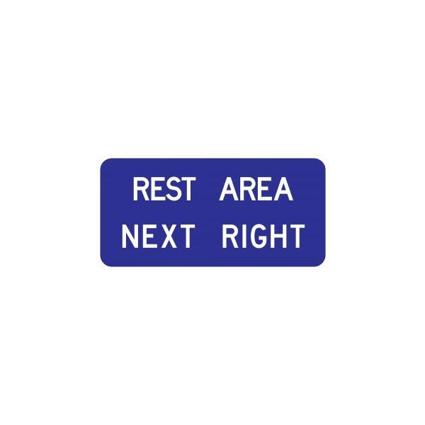 D5-1b Rest Area Next Right Sign with white text and arrow on blue reflective aluminum