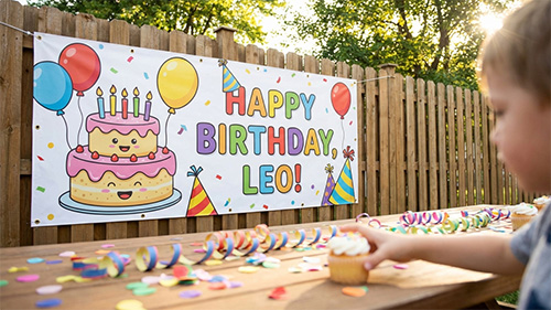 Custom birthday banner printed on vinyl with colorful text and design