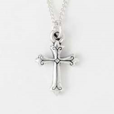 Necklace-Fleur Engraved Cross (Childs) w/14" Chain (Sterling Silver) | SHOPtheWORD