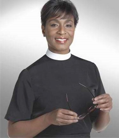 Clerical Shirt-Women-Short Sleeve Banded Collar-Size 10-Black | SHOPtheWORD