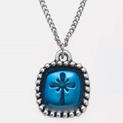 Necklace-Cross In Blue Epoxy w/Studded Frame W/24" Adjustable-Pewter | SHOPtheWORD
