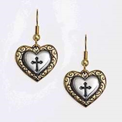 Earring-Heart-Two Tone w/Cross (Dangle)-Rhodium Gold Plated | SHOPtheWORD