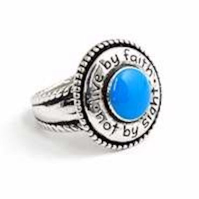 Ring-Live By Faith Not By Sight w/Turquoise Epoxy (Ladies) (Sz 7)-Rhodium | SHOPtheWORD