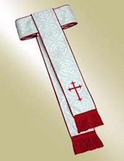 Cassock Band Cincture-40 In-White W/Scarlet Piping & Latin Cross | SHOPtheWORD