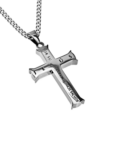 Span-Necklace-Silver Iron Cross-By His Blood (Mens)-24" Chain | SHOPtheWORD