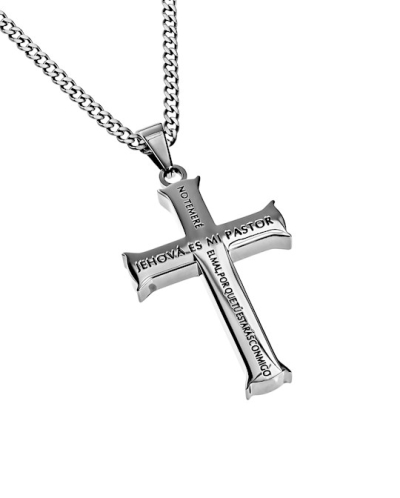 Span-Necklace-Silver Iron Cross-Psalm 23 (Mens)-24" Chain | SHOPtheWORD