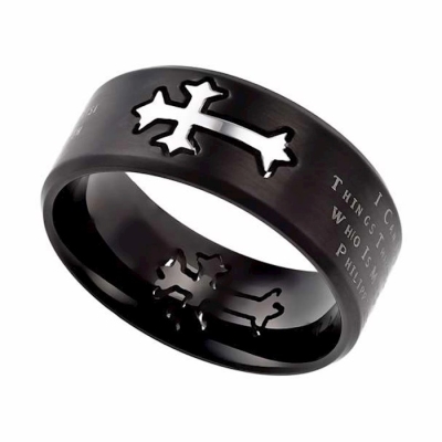 Ring-Neo Cross-Black Band-Christ My Strength (Mens) Sz 11 | SHOPtheWORD