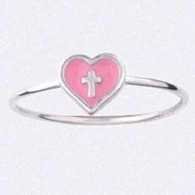 Ring-Pink Heart w/Cross (Ladies)-Stackable (Sterling Silver) (Size 6) | SHOPtheWORD