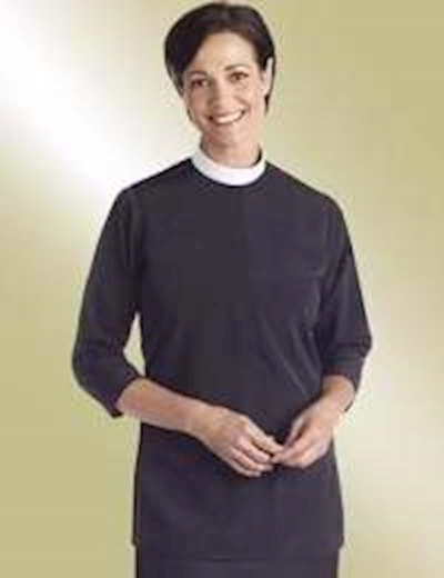 Clerical Shirt-Women-Tunic-3/4 Sleeve Banded Collar-Size 12-Black | SHOPtheWORD