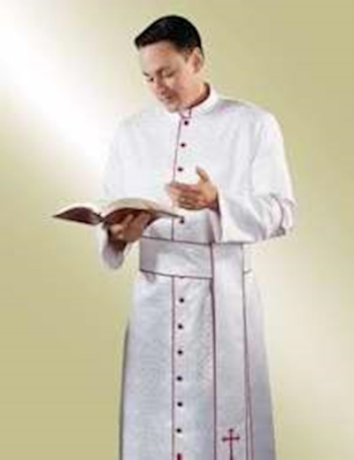 Clergy Cassock-H58/HM510-Chest 38-41/Neck 16/Sleeve 34"-White w/Red Piping | SHOPtheWORD