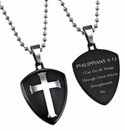 Necklace-Black R2 Shield Cross-Christ My Strength (Mens)-24" Ball Chain | SHOPtheWORD
