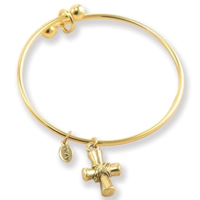Bracelet-Bangle-Matte Gold Wire Wrapped Cross Charm w/Adjustable Wire-Gift Boxed | SHOPtheWORD