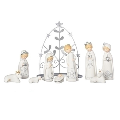 Nativity Set-9 Piece Bisque-White/Silver (9.5") | SHOPtheWORD