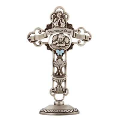 Tabletop Cross-Baptism-Pewter Finish-Boy (6") | SHOPtheWORD