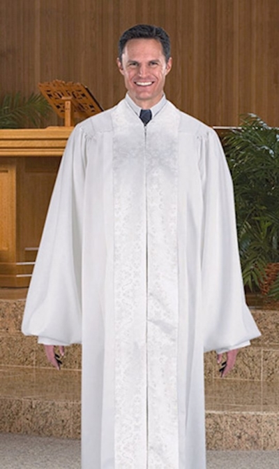 Clergy Robe-Cambridge Pulpit With Jacquard Panels-White-Small Short | SHOPtheWORD