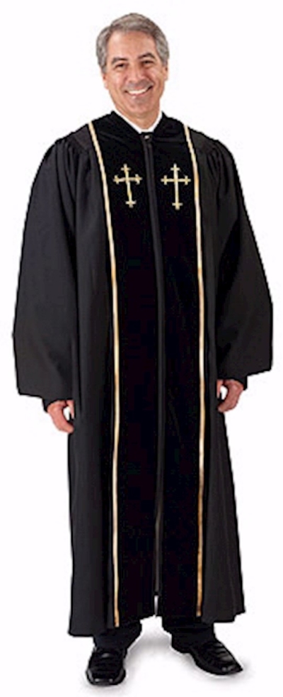 Robe-Embroidered Cross Pulpit-Black Velvet With Gold Embroidery/Lace Trim-Meidium Short | SHOPtheWORD