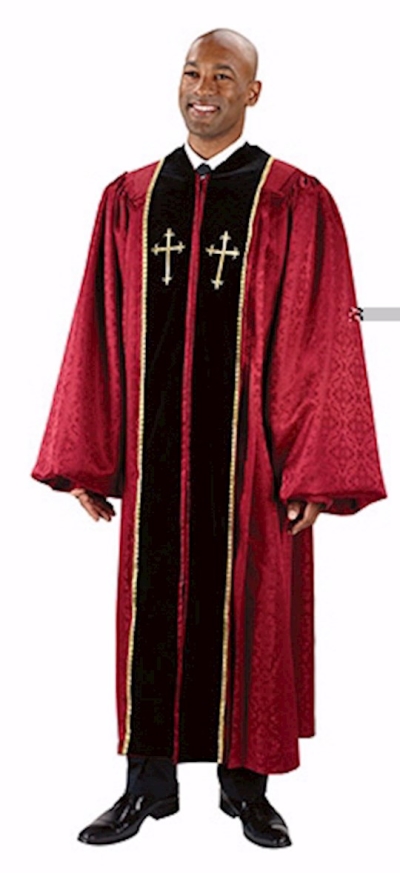 Clergy Robe-Jacquard Black Velvet With Gold Embroidery-Gold Lace Trim-Black-Small Long | SHOPtheWORD