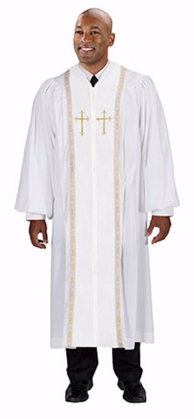 Peachskin Poly/Velvet Clergy Robe With Gold Embroidery-Gold Lace Trim-White-Medium Short | SHOPtheWORD