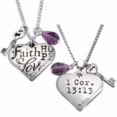 Necklace-Faith Hope Love Heart/1 Corinthians 13:13 w/24" Chain-Pewter (Adjustable) | SHOPtheWORD