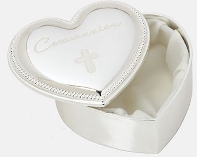 Keepsake Box-First Communion-Heart Shape w/Cross & Beaded Edge (2.5" H) | SHOPtheWORD
