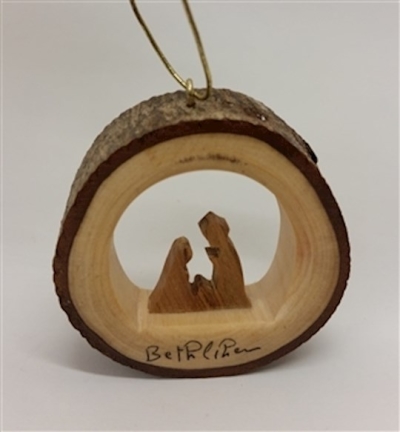 Ornament-Olive Wood-Round Bark With Holy Family (2") | SHOPtheWORD