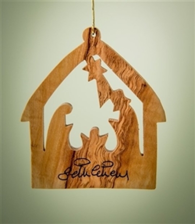 Ornament-Olive Wood-Medium Stable With Nativity (2.5") | SHOPtheWORD