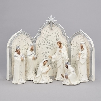 Nativity Set-9 Piece-Silver Dot White w/Triptych Backdrop (11.25") | SHOPtheWORD