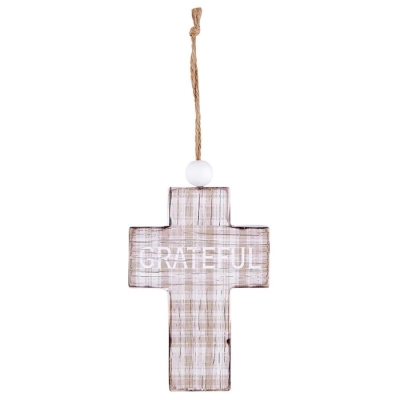 Hanging Cross-Grateful-Tan Plaid w/Jute Hanger (7") | SHOPtheWORD